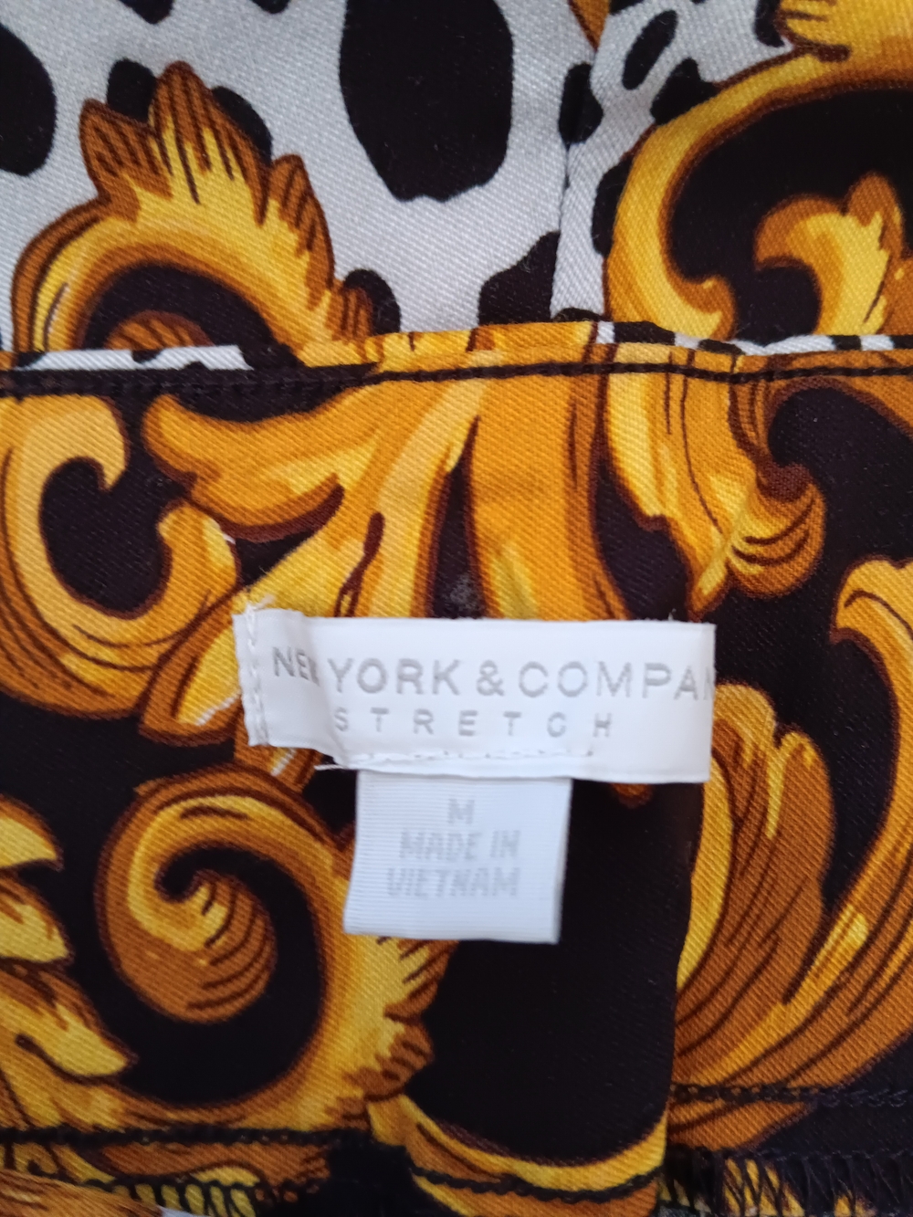 New York & Company Black and Gold Baroque Stretch Top